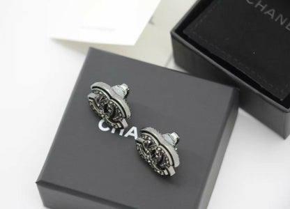 Chanel A24A Metal Black Silver Check CC Clip-on Earrings