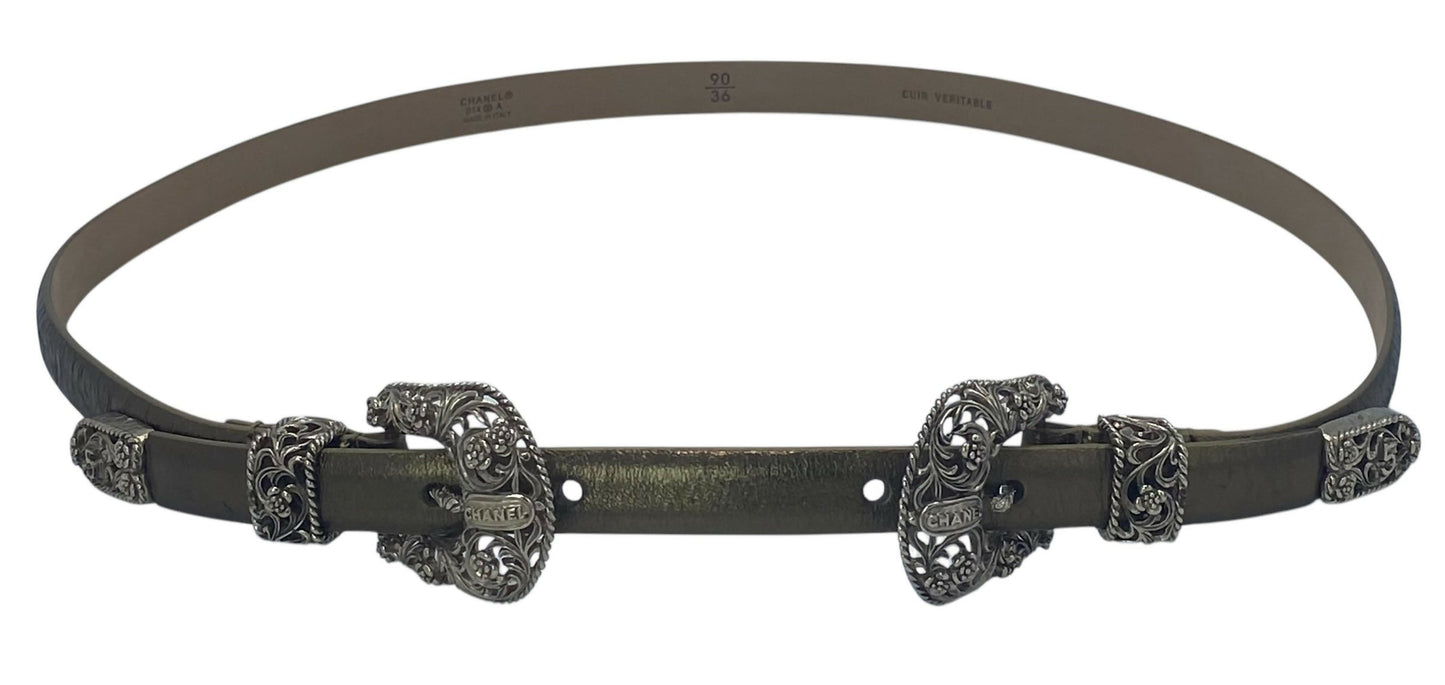 Rare Chanel 14A Paris Dallas metallic gold leather western belt Size 90/36