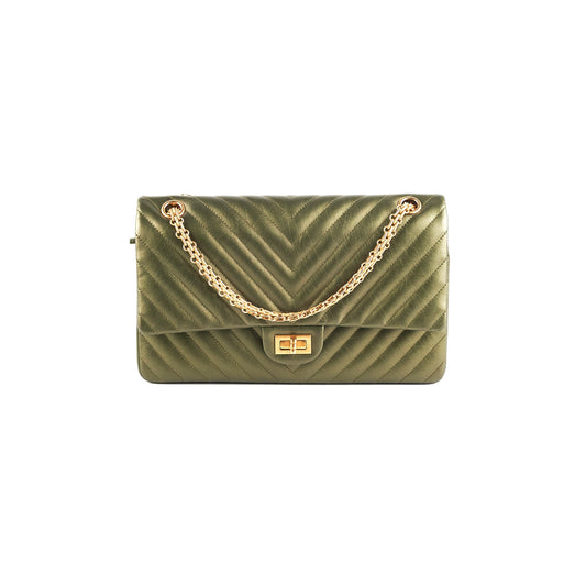 Chanel Chevron Reissue 226 Medium Khaki Green Metallic