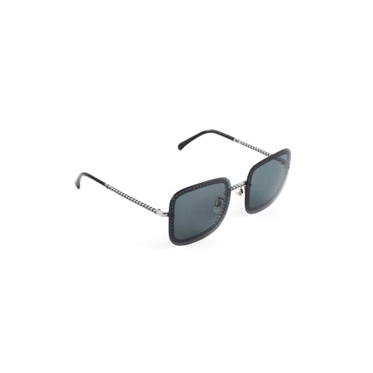Chanel Square Sunglasses Grey/Gunmetal Black With Chain