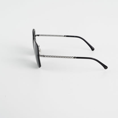Chanel Square Sunglasses Grey/Gunmetal Black With Chain