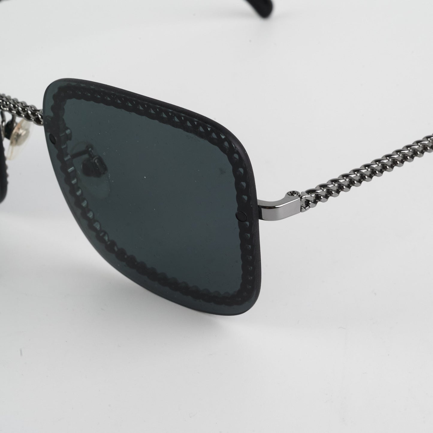 Chanel Square Sunglasses Grey/Gunmetal Black With Chain