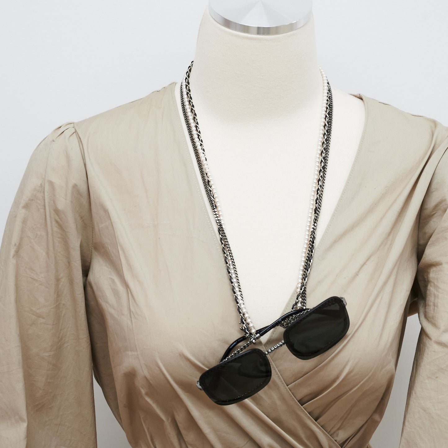 Chanel Square Sunglasses Grey/Gunmetal Black With Chain