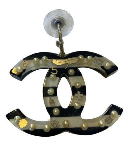 Rare Chanel 05A Oversized Large Black White Striped Resin Pearl Enamel CC Earrings