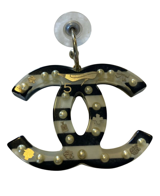 Rare Chanel 05A Oversized Large Black White Striped Resin Pearl Enamel CC Earrings
