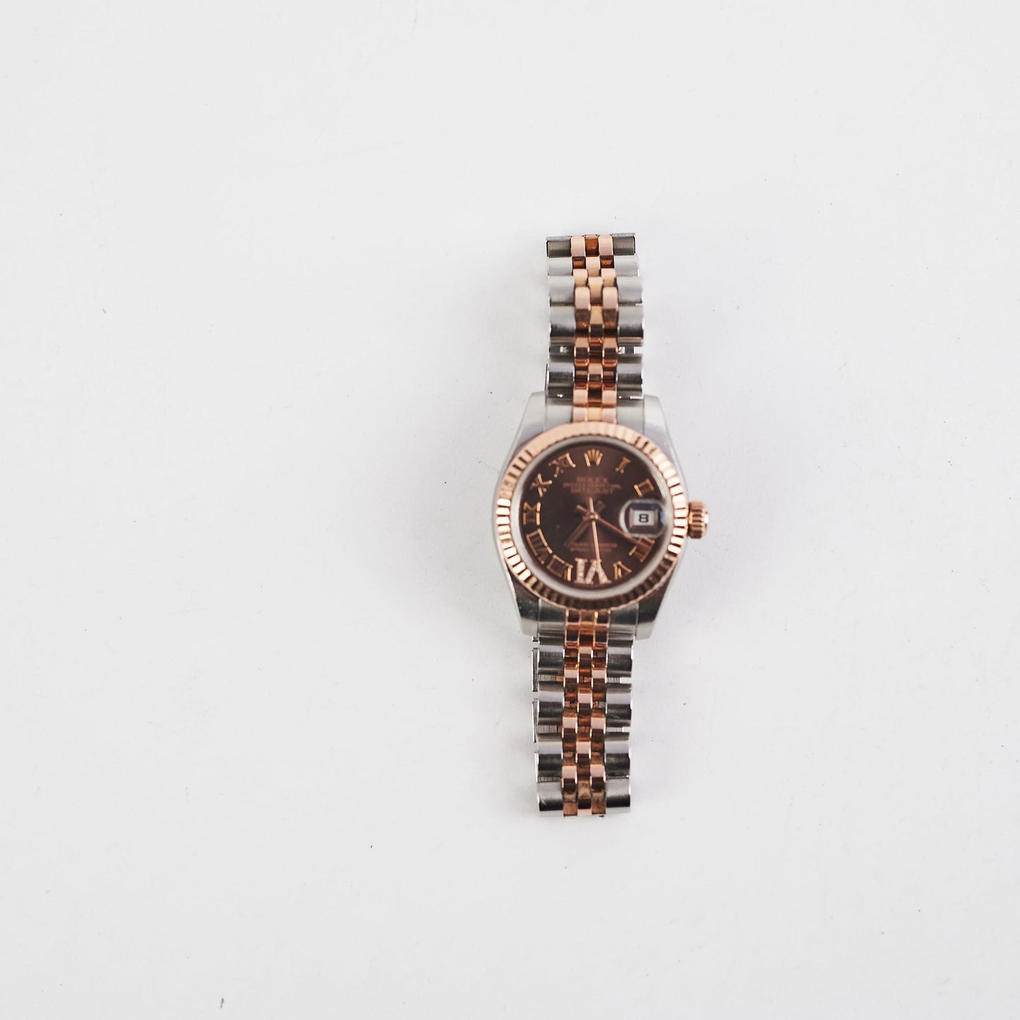 HOLD CV Rolex Oyster Perpetual Date Just 26 mm Chocolate Brown Dial Watch (179171)