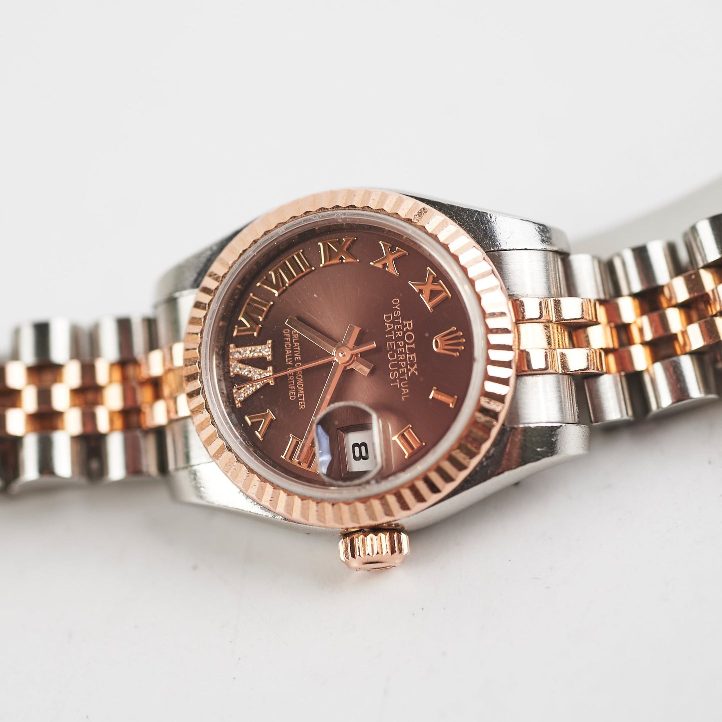 HOLD CV Rolex Oyster Perpetual Date Just 26 mm Chocolate Brown Dial Watch (179171)