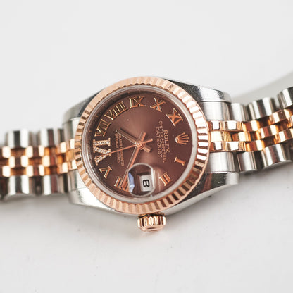 HOLD CV Rolex Oyster Perpetual Date Just 26 mm Chocolate Brown Dial Watch (179171)
