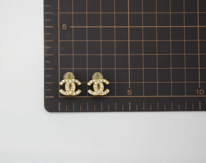 Chanel Vintage 02A Rhinestone Gold-plated CC Mark Clip-on Earrings