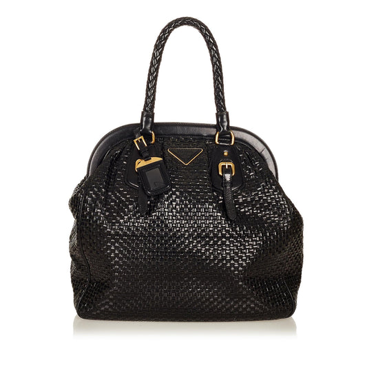 Prada Frame Woven Leather Tote Bag (SHG-26909)