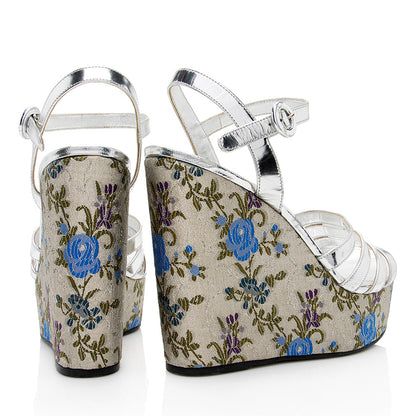 Prada Metallic Floral Jacquard Leather Wedge Sandals - Size 10 / 40 (SHF-18372)