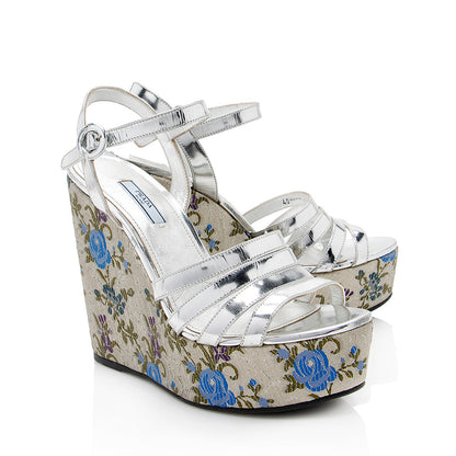 Prada Metallic Floral Jacquard Leather Wedge Sandals - Size 10 / 40 (SHF-18372)