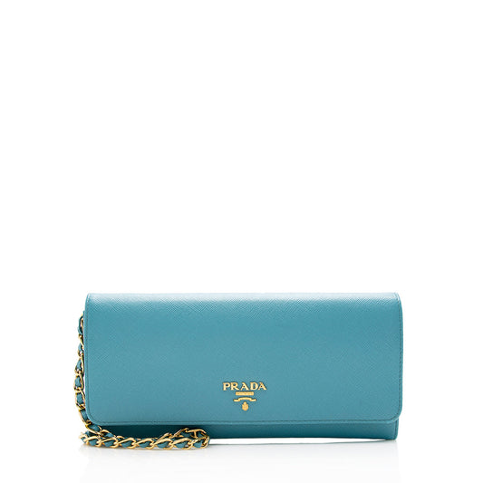 Prada Saffiano Leather Metal Oro Chain Wallet (SHF-15988)