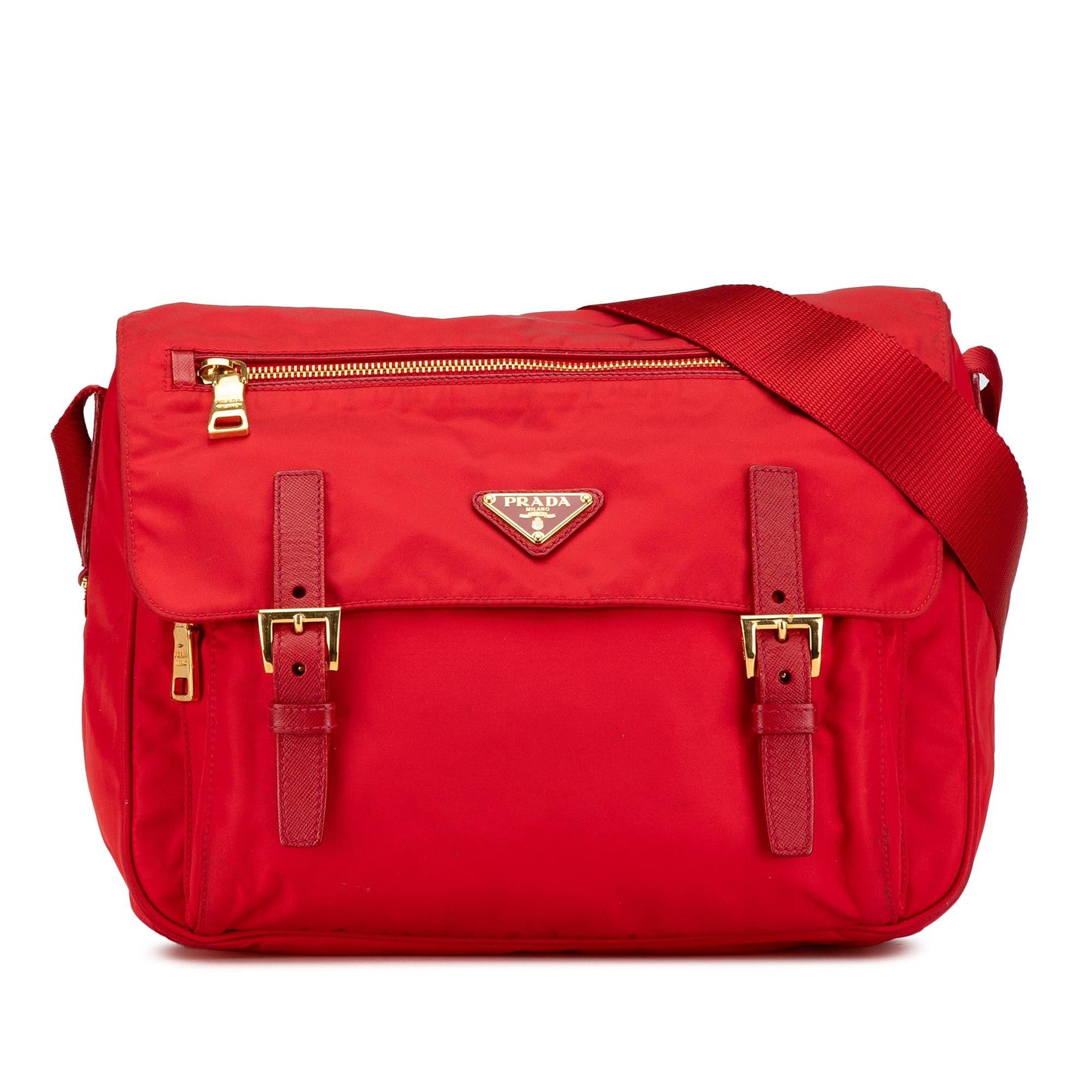 Prada Saffiano Trimmed Tessuto Zip Double Buckle Messenger Bag