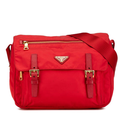 Prada Saffiano Trimmed Tessuto Zip Double Buckle Messenger Bag