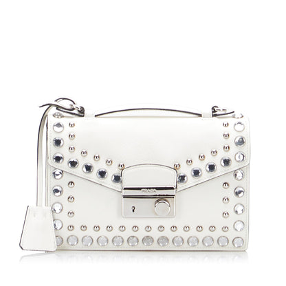 Prada Studded Saffiano Sound Lock Satchel (SHG-LanVCe)