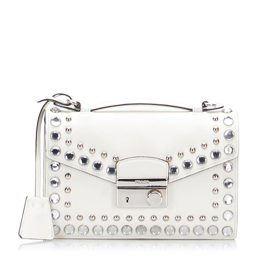 Prada Studded Saffiano Sound Lock Satchel (SHG-LanVCe)