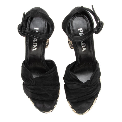 Prada Suede Raffia Platform Sandals - Size 6.5 / 36.5 (SHF-23680)