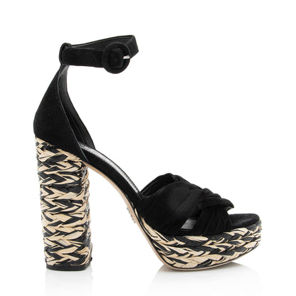 Prada Suede Raffia Platform Sandals - Size 6.5 / 36.5 (SHF-23680)