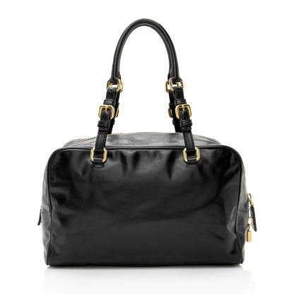 Prada Vitello Daino Spazzolato Logo Medium Bauletto Satchel (SHF-22727)