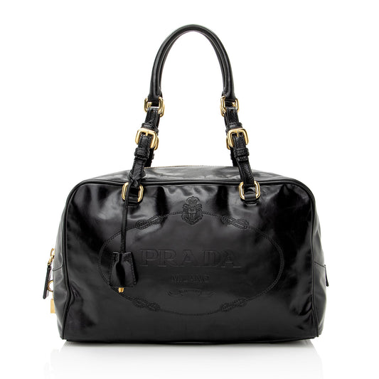 Prada Vitello Daino Spazzolato Logo Medium Bauletto Satchel (SHF-22727)