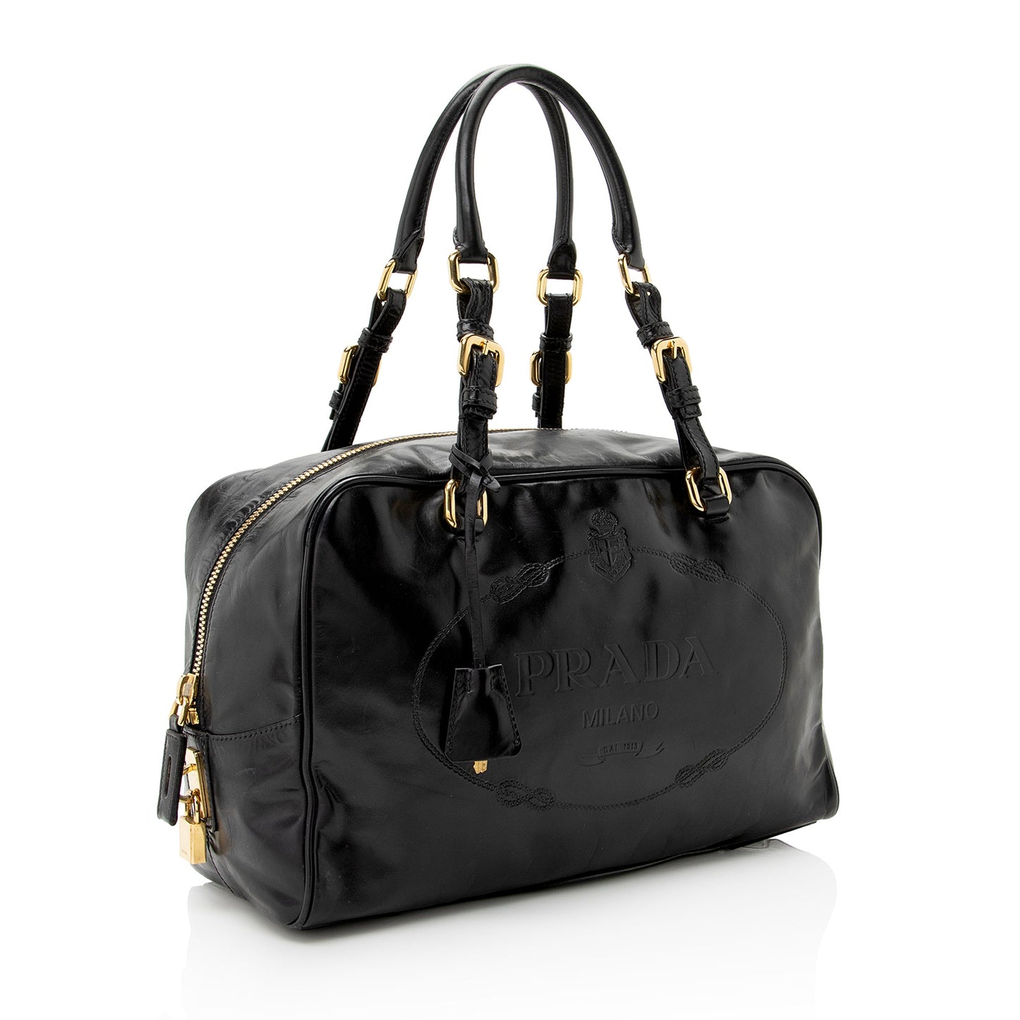Prada Vitello Daino Spazzolato Logo Medium Bauletto Satchel (SHF-22727)