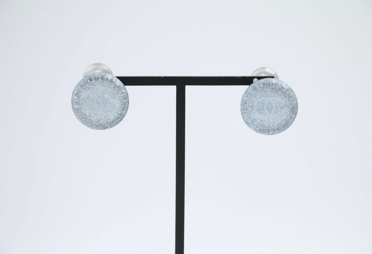 Chanel Vintage 00A Resin Light Blue Glitter Round Clip-on Earrings