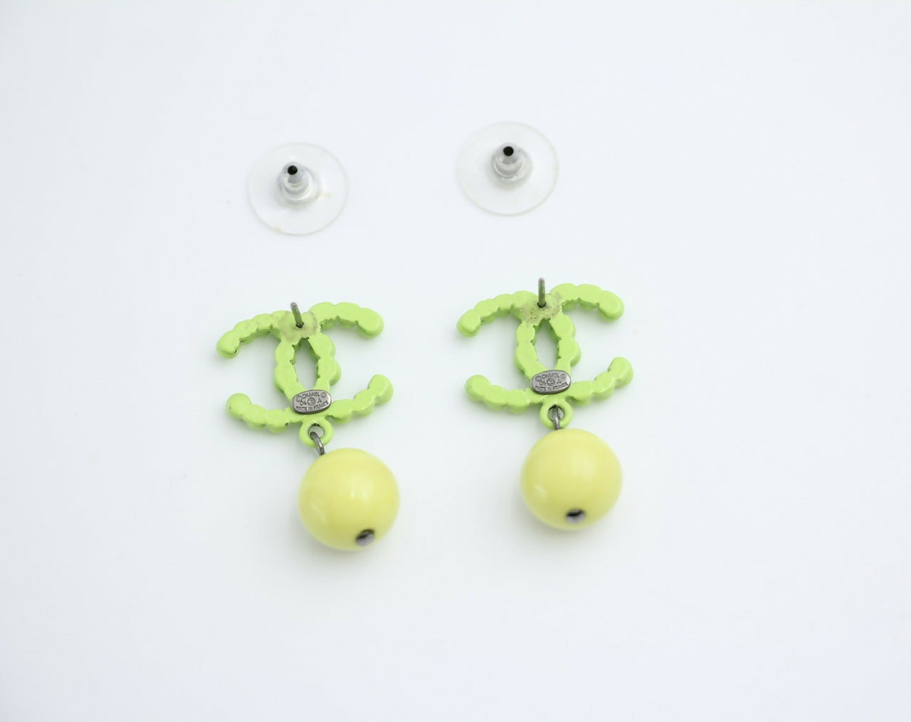 Chanel Vintage 04A Resin Fluorescent Green and Yellow Dangle Stud Earrings