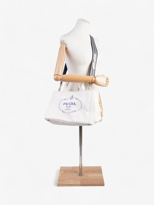Prada Canapa Tote White / Navy Blue Canvas Medium