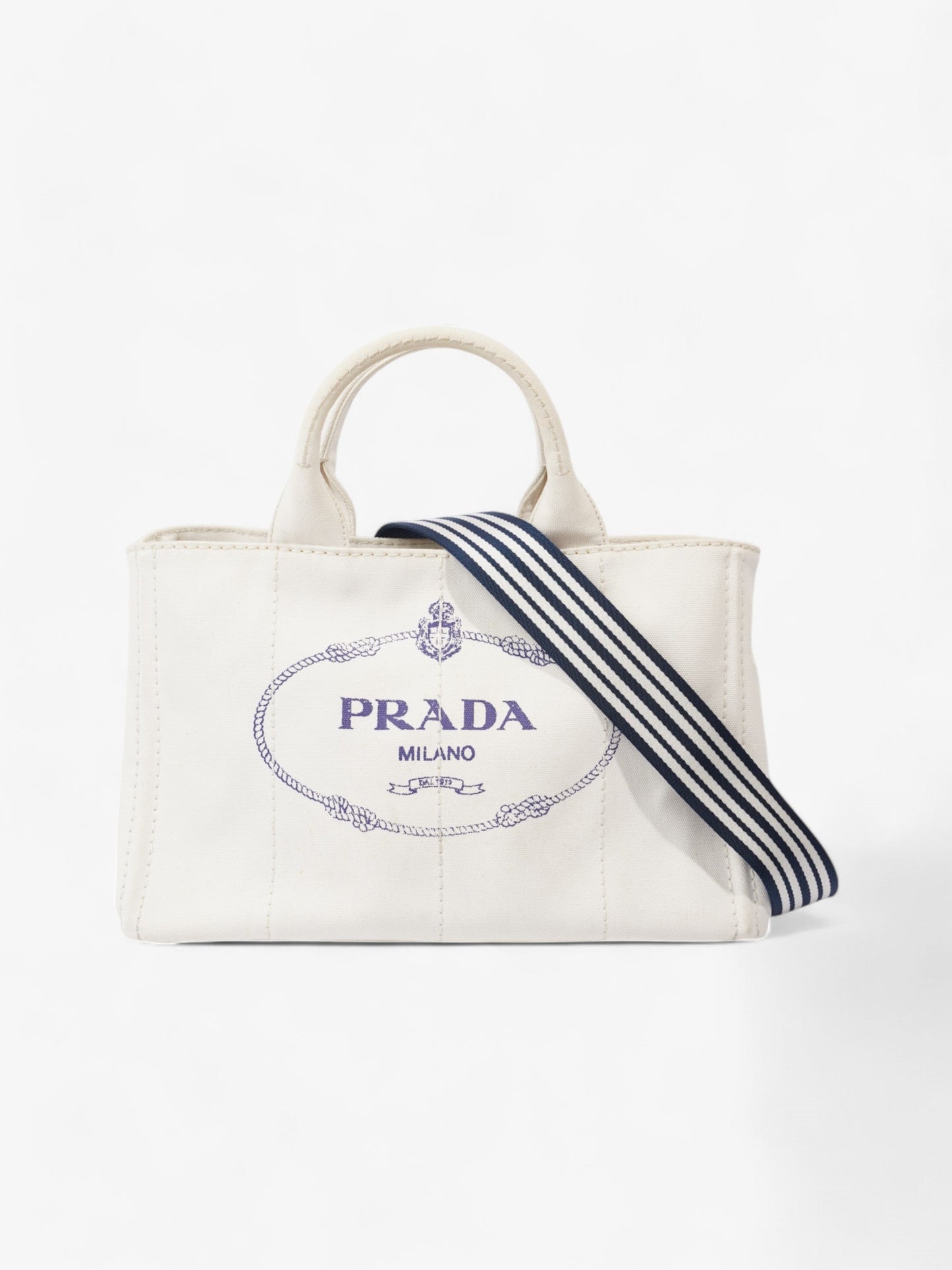 Prada Canapa Tote White / Navy Blue Canvas Medium