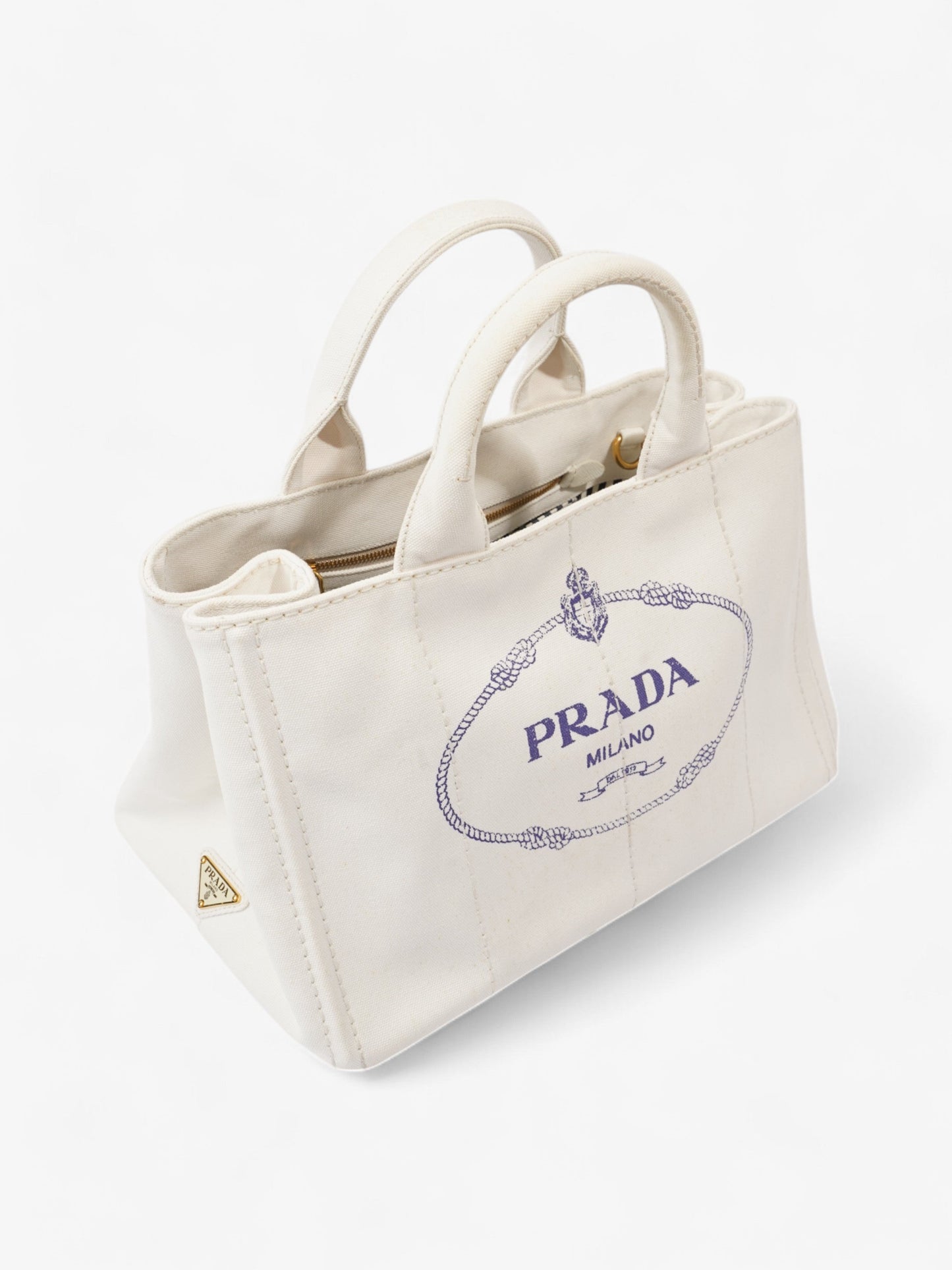Prada Canapa Tote White / Navy Blue Canvas Medium