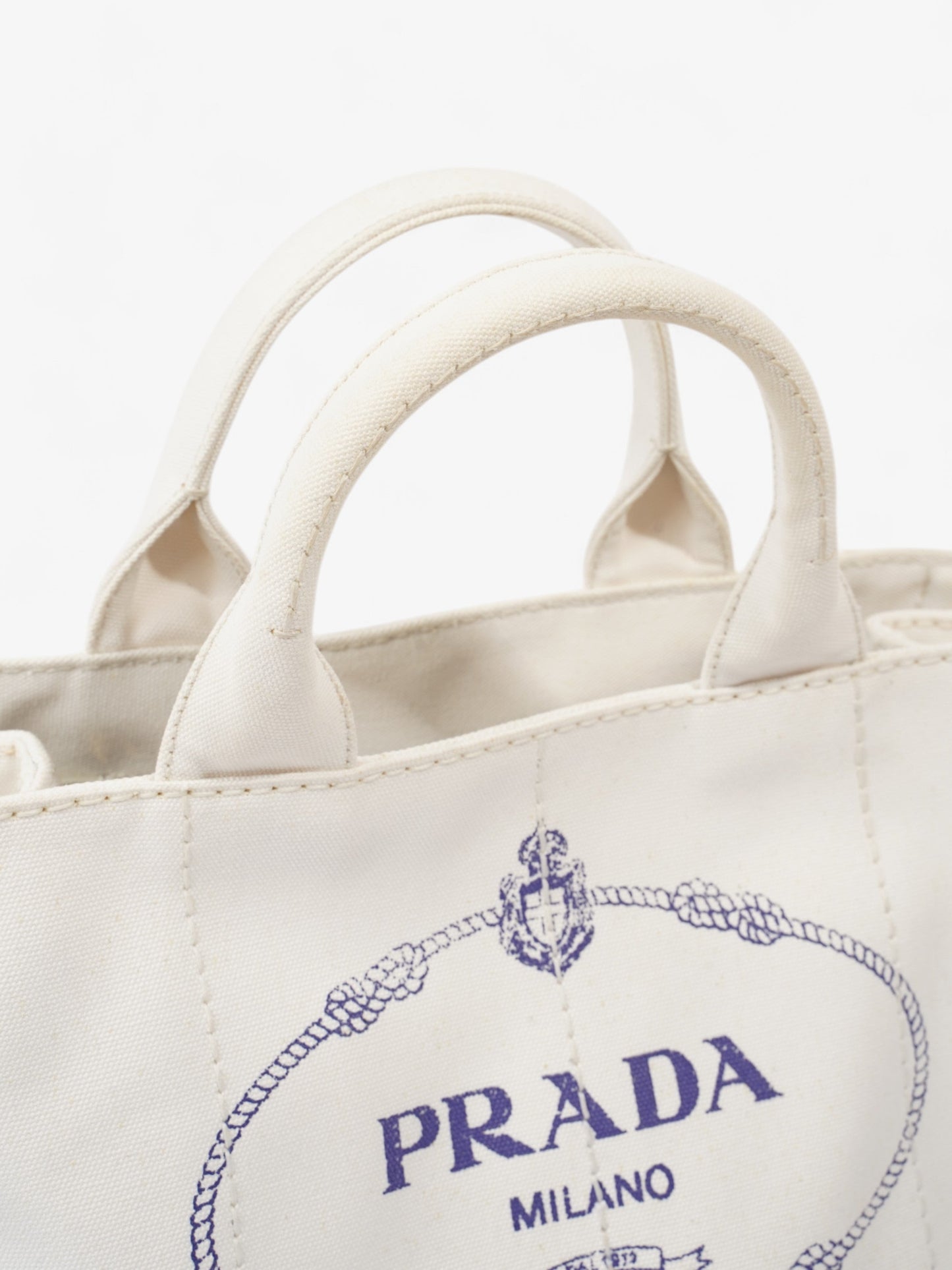 Prada Canapa Tote White / Navy Blue Canvas Medium