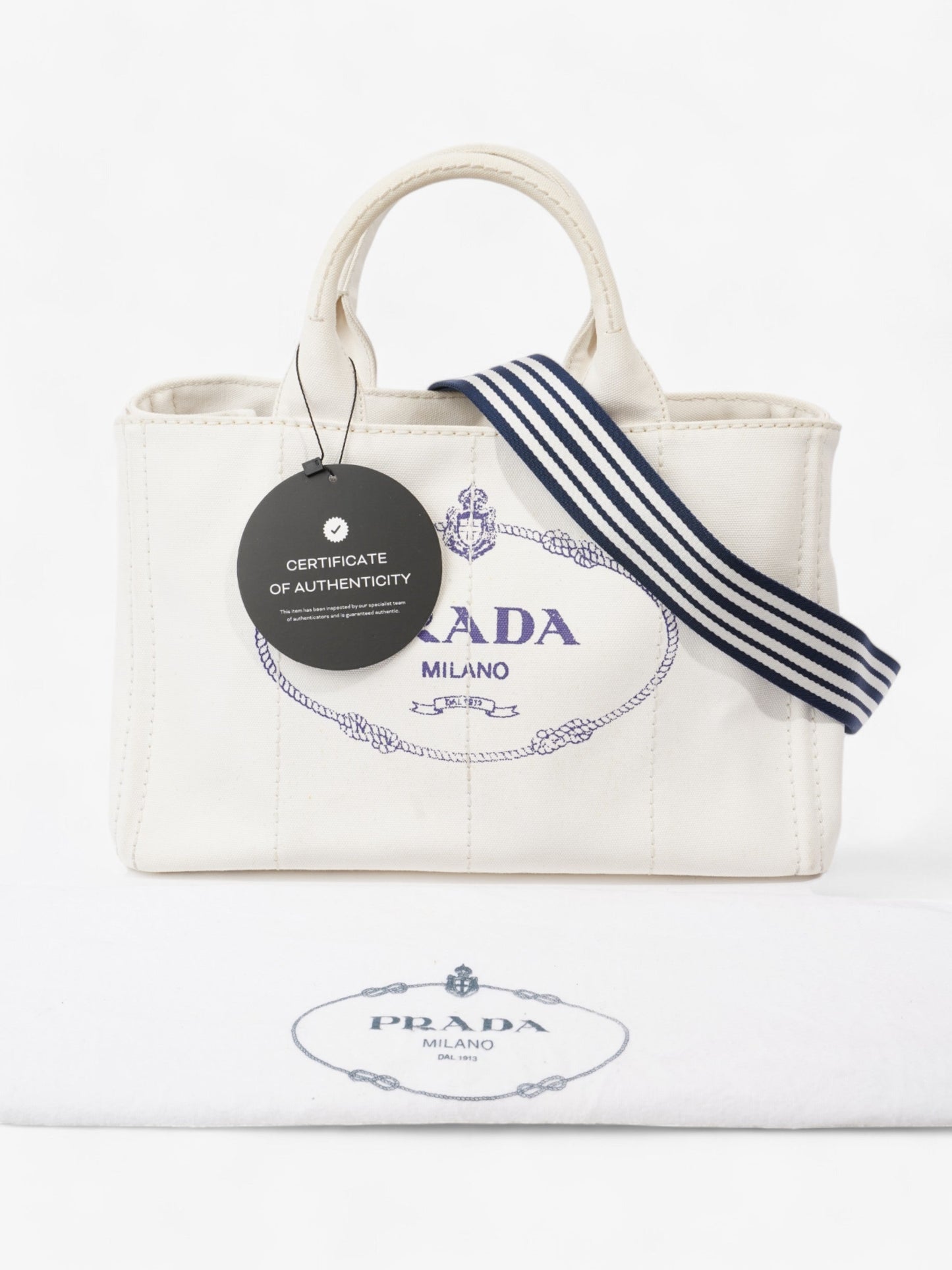 Prada Canapa Tote White / Navy Blue Canvas Medium