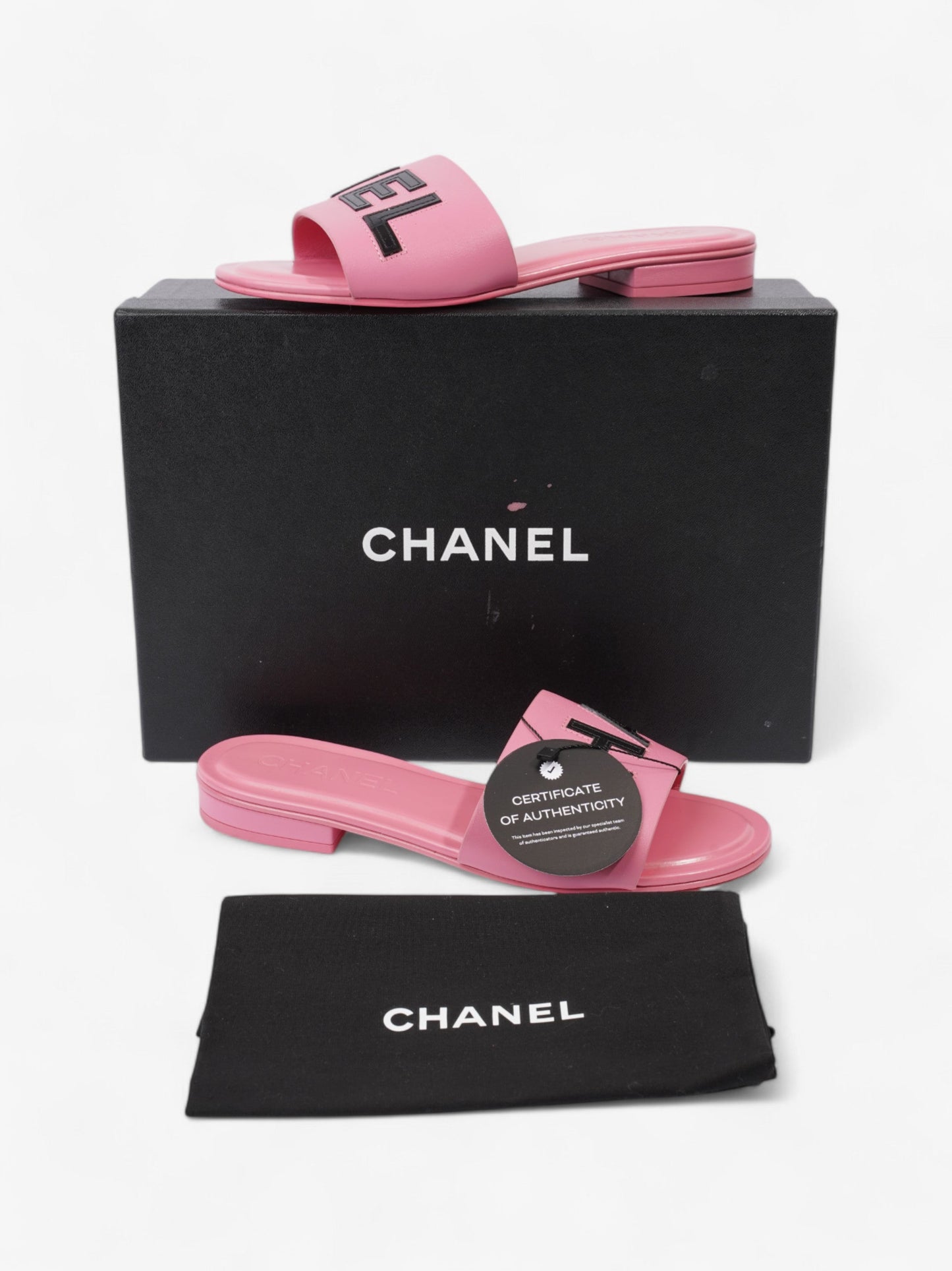 Chanel Logo Slides Pink / Black Leather EU 37 UK 4