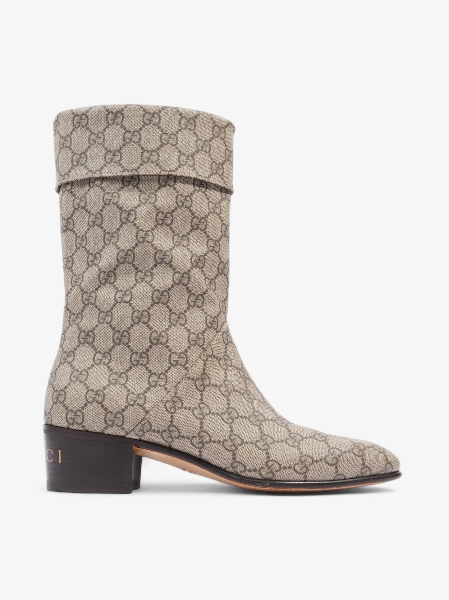 Gucci Heeled Ankle Boots 50mm Beige And Ebony GG Supreme Fabric EU 41 UK 7