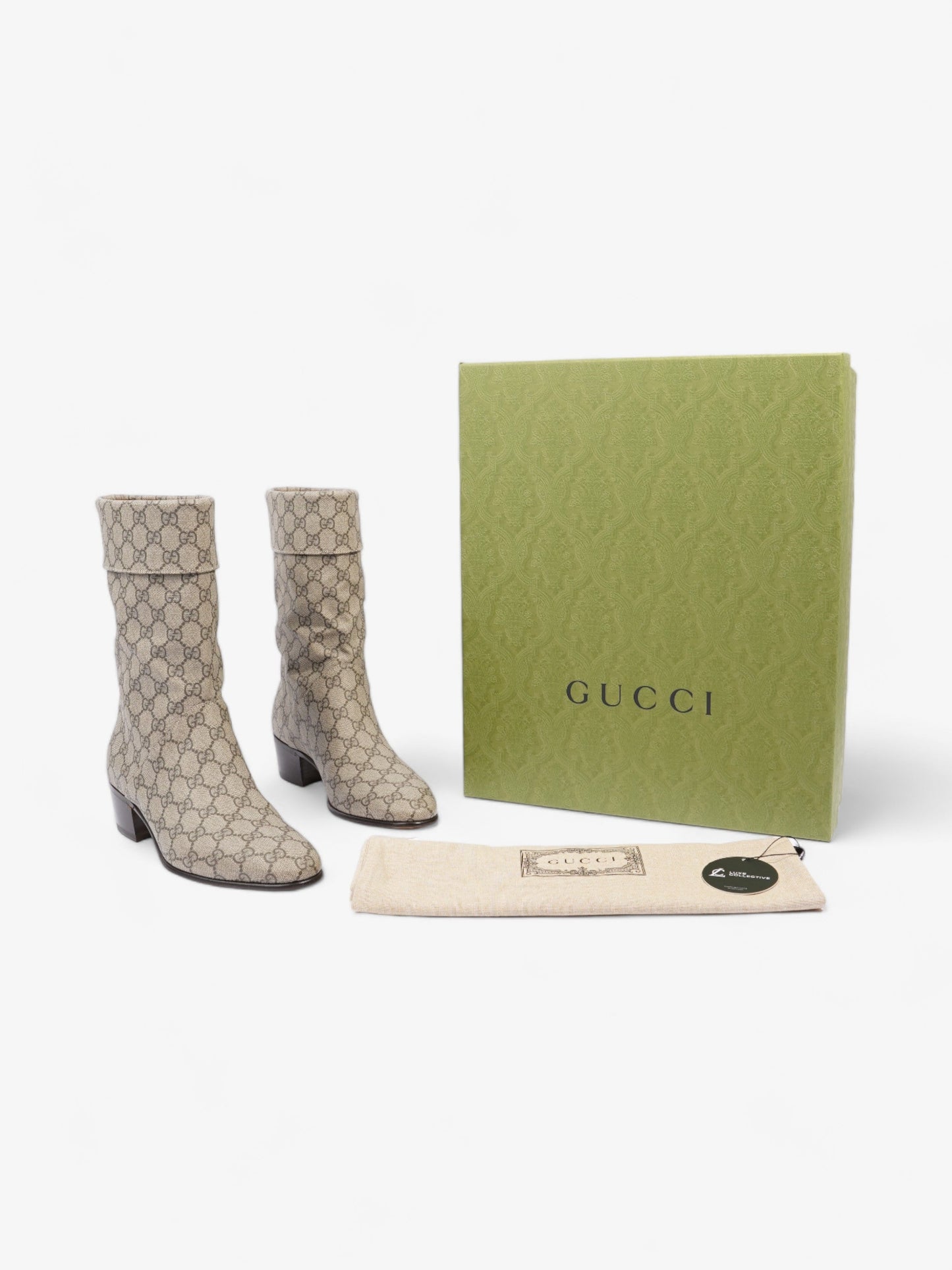 Gucci Heeled Ankle Boots 50mm Beige And Ebony GG Supreme Fabric EU 41 UK 7