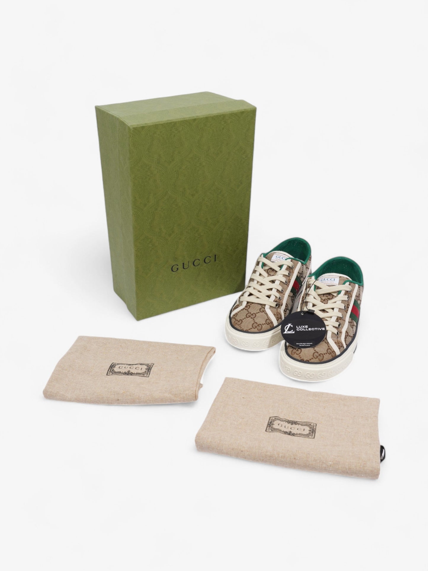 Gucci GG Tennis 1977 Sneakers Beige  / White / Green Canvas EU 38 UK 5