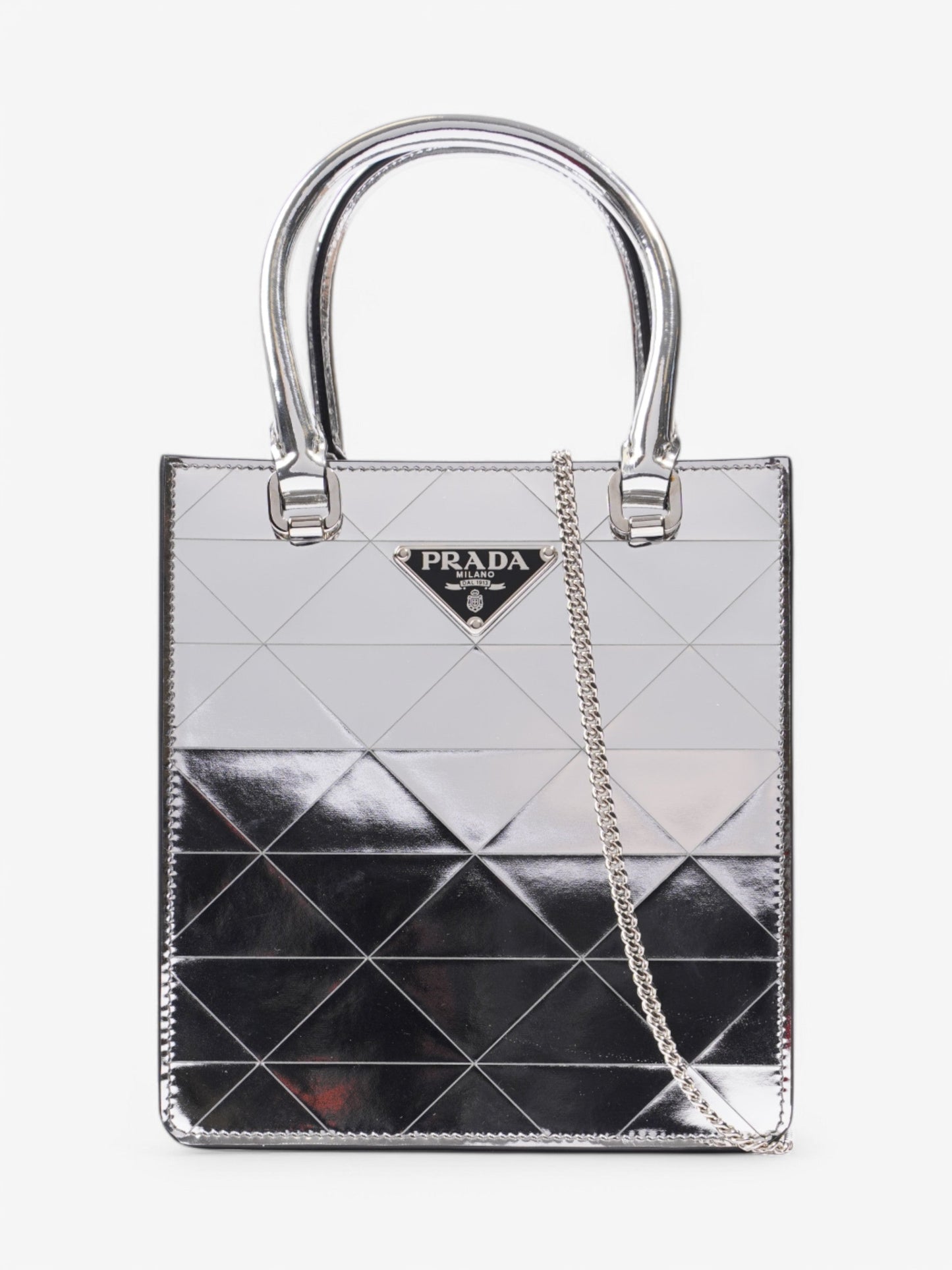 Prada Convertible Open Chain Tote Triangle Silver Leather Small