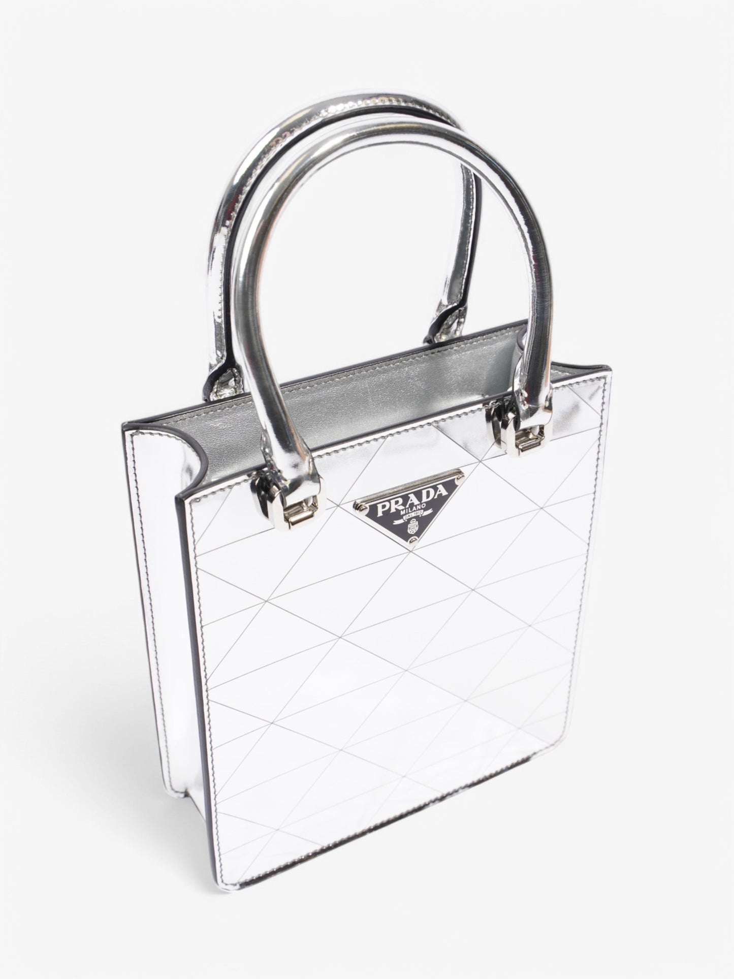 Prada Convertible Open Chain Tote Triangle Silver Leather Small