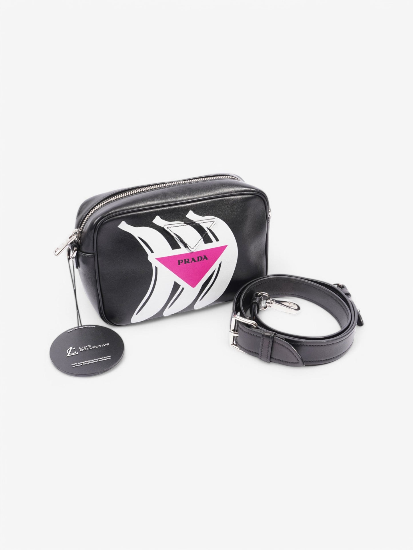 Prada Banana Triangle Camera Bag Black / White / Pink Leather