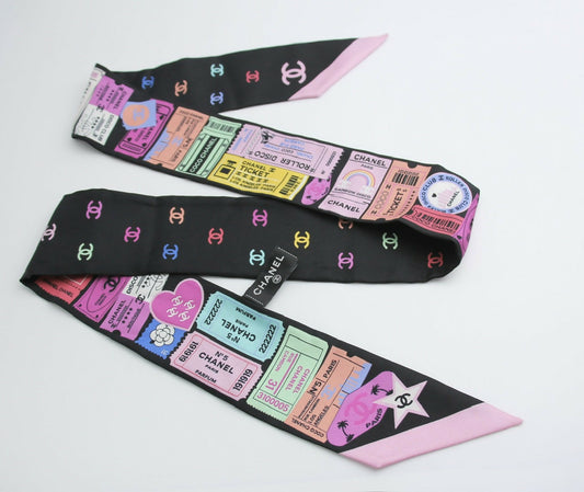 CHANEL 100% Slim Silk Scarf Bandeau Twilly CC Mark Scarf in Multicolour