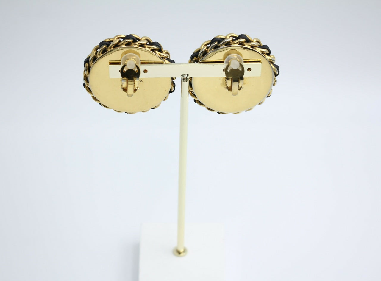 Chanel Vintage 1988 Leather Chain & Rhinestone Clip-on Round Earrings