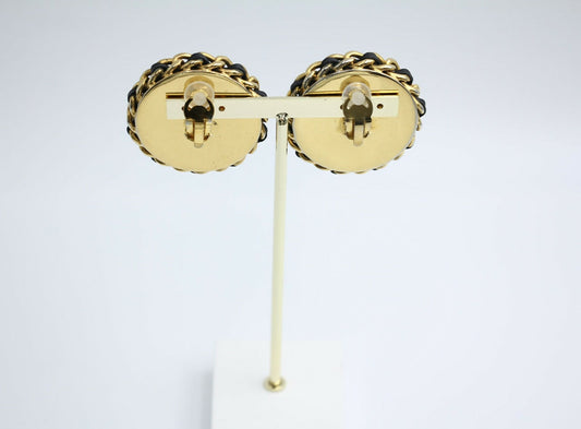 Chanel Vintage 1988 Leather Chain & Rhinestone Clip-on Round Earrings