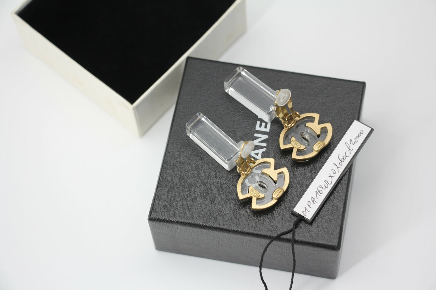 Chanel Vintage 01P Acrylic Rectangular Ice Cube Dangle Clip-on Earrings