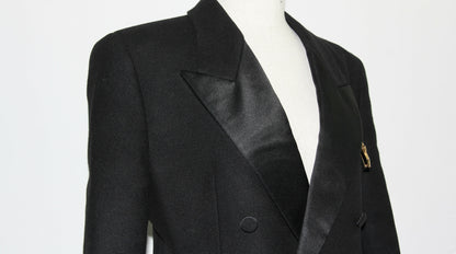 Saint Laurent Black Tuxedo Coat In Grain De Poudre + Saint Laurent YSL Logo Twisted Stripe Texture Brooch