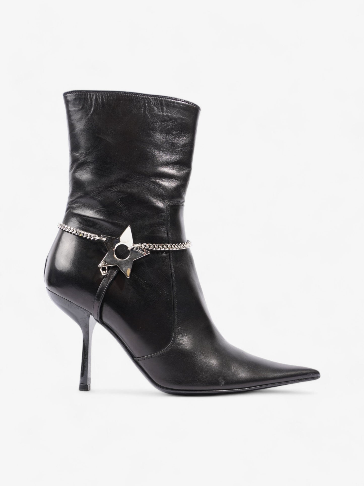Christian Dior D Star Pointed Heeled Boots 75mm Black / Silver Leather EU 39 UK 6