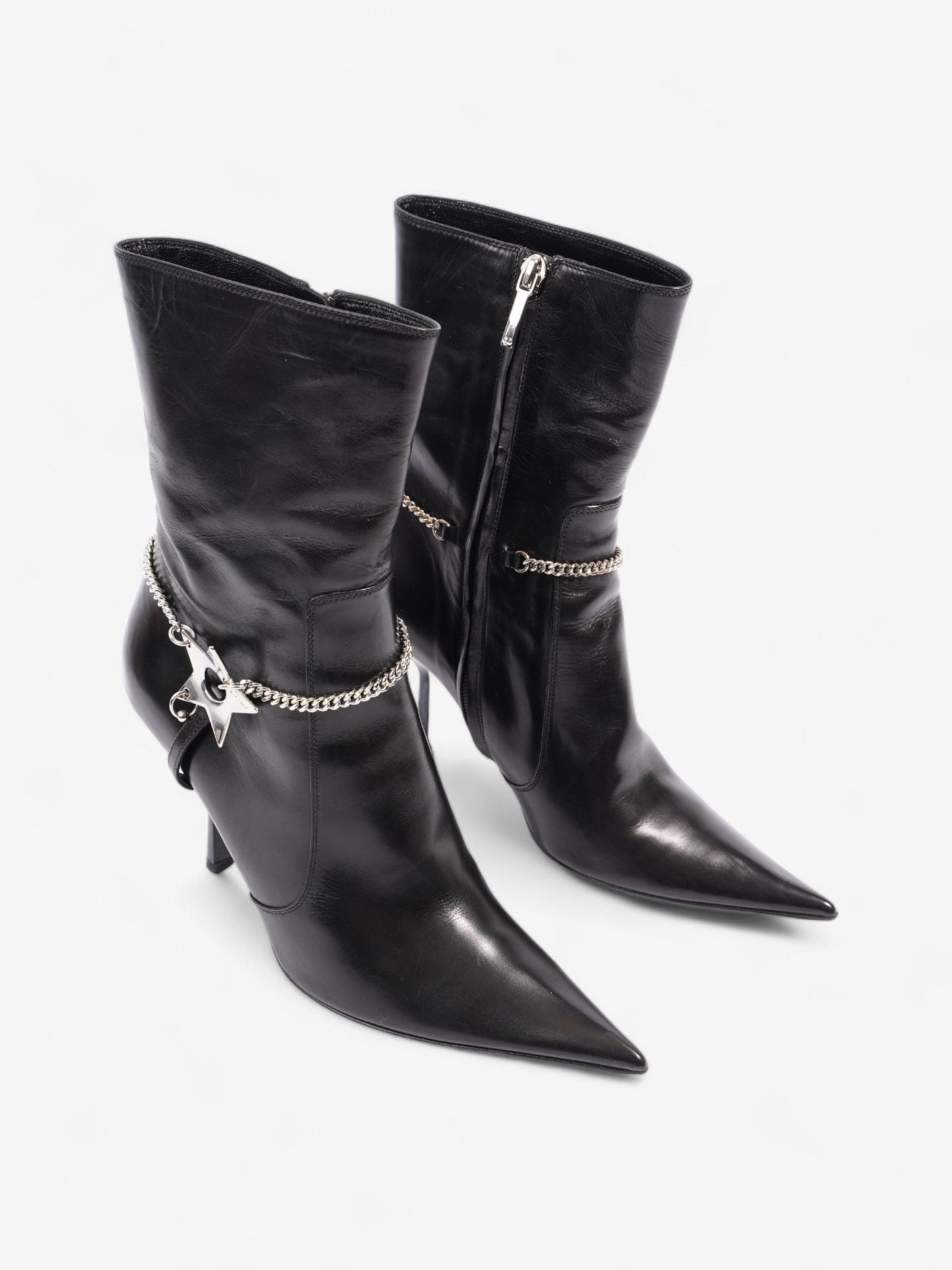 Christian Dior D Star Pointed Heeled Boots 75mm Black / Silver Leather EU 39 UK 6