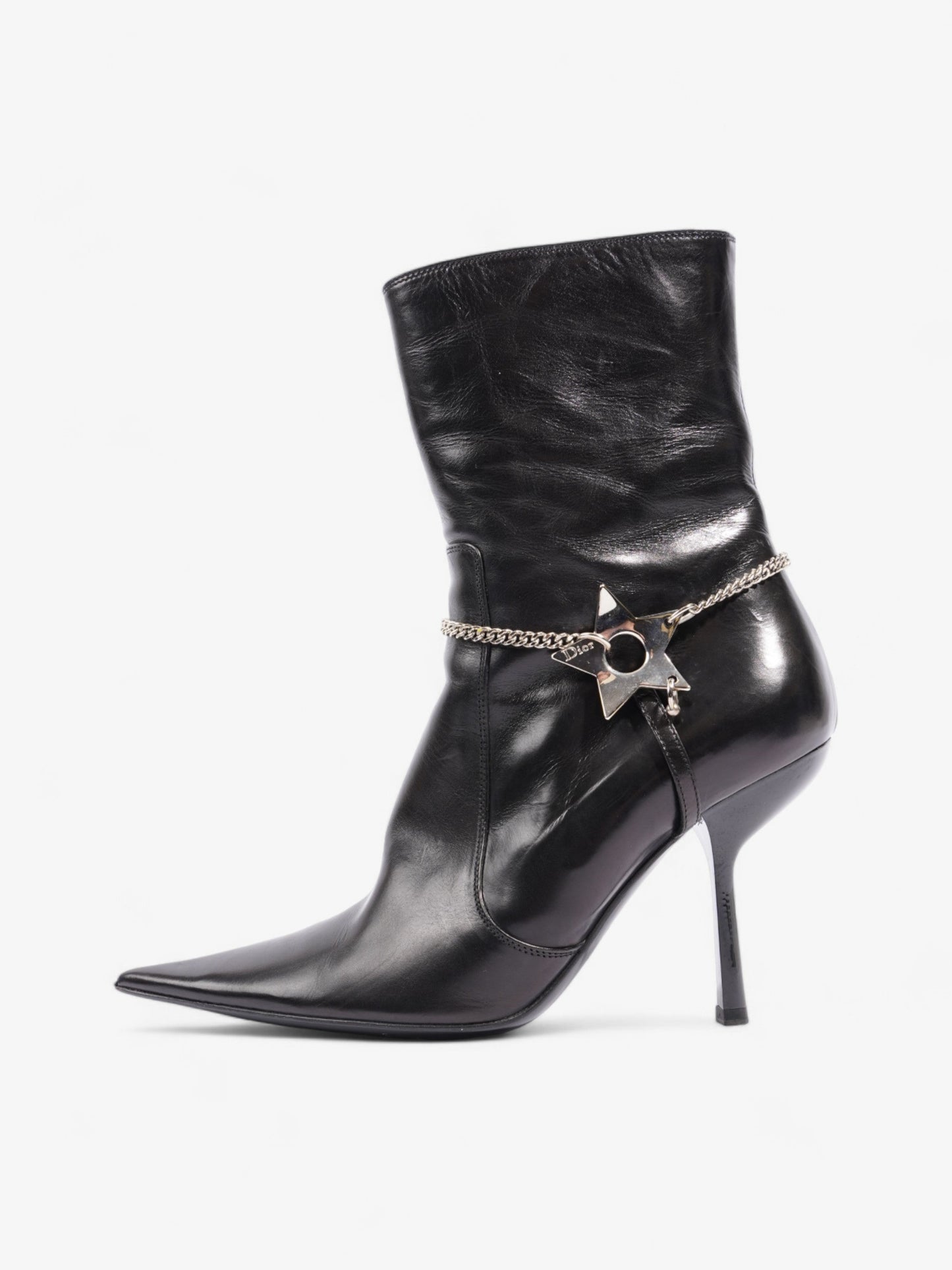 Christian Dior D Star Pointed Heeled Boots 75mm Black / Silver Leather EU 39 UK 6
