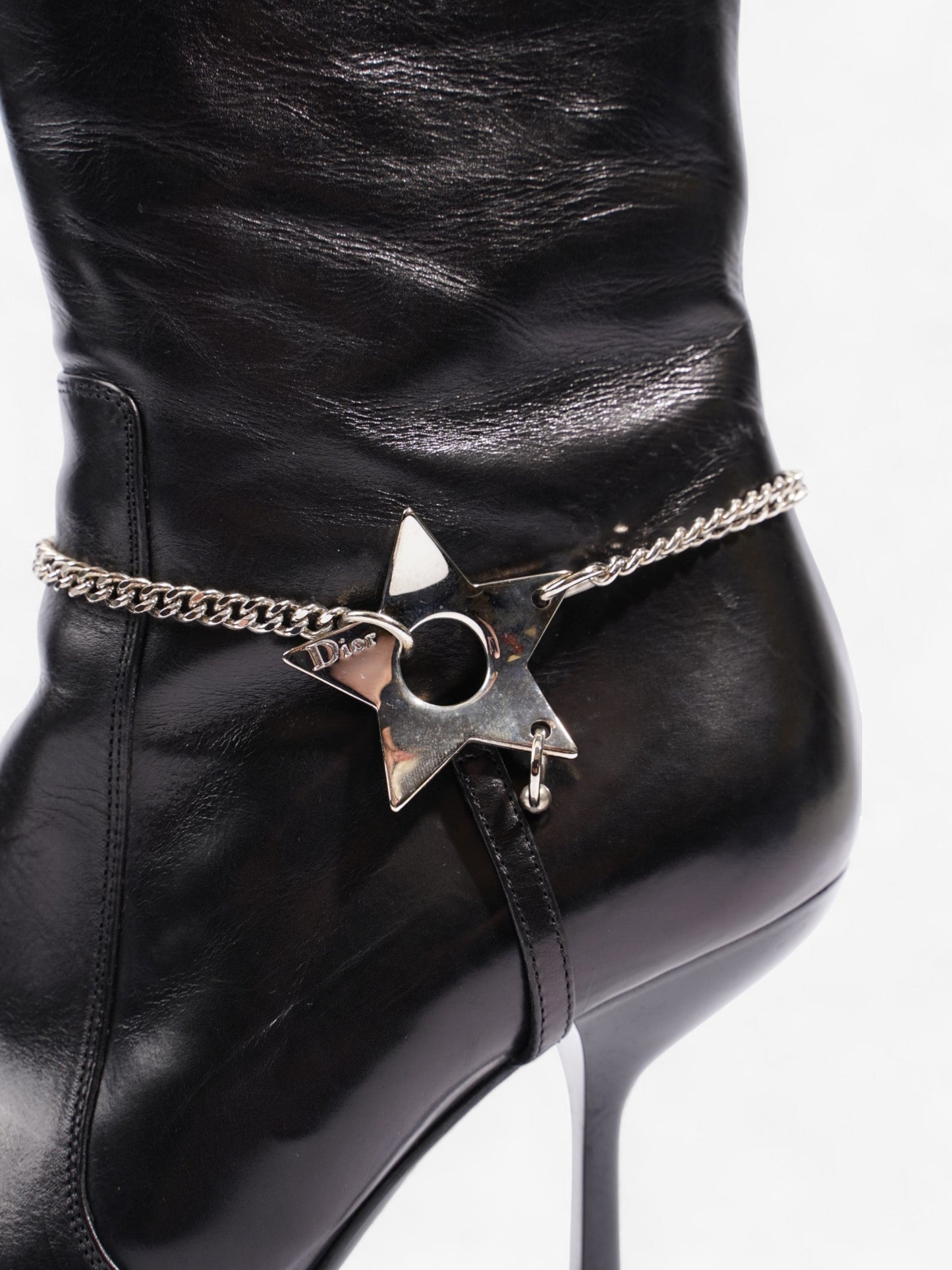 Christian Dior D Star Pointed Heeled Boots 75mm Black / Silver Leather EU 39 UK 6