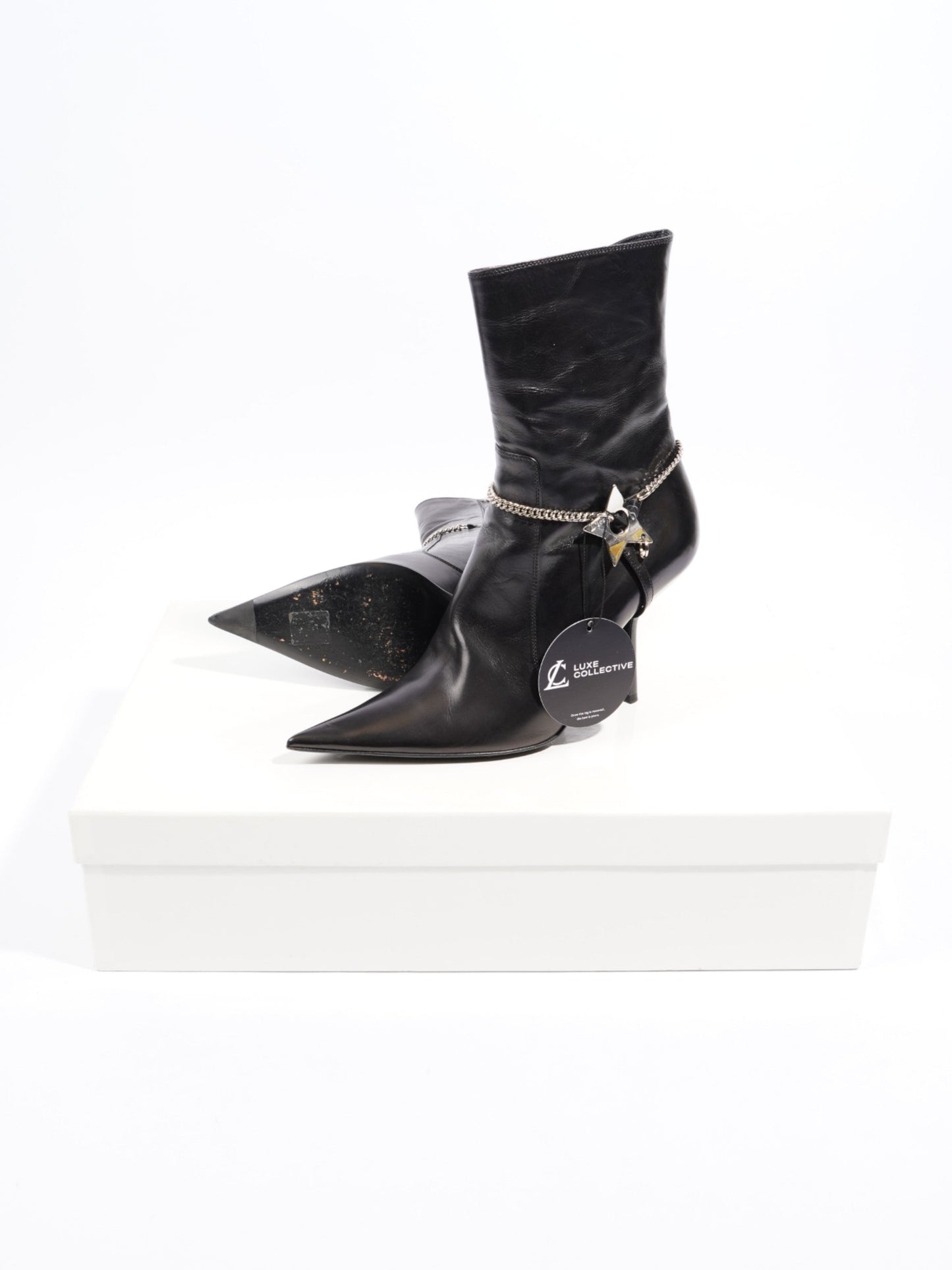 Christian Dior D Star Pointed Heeled Boots 75mm Black / Silver Leather EU 39 UK 6